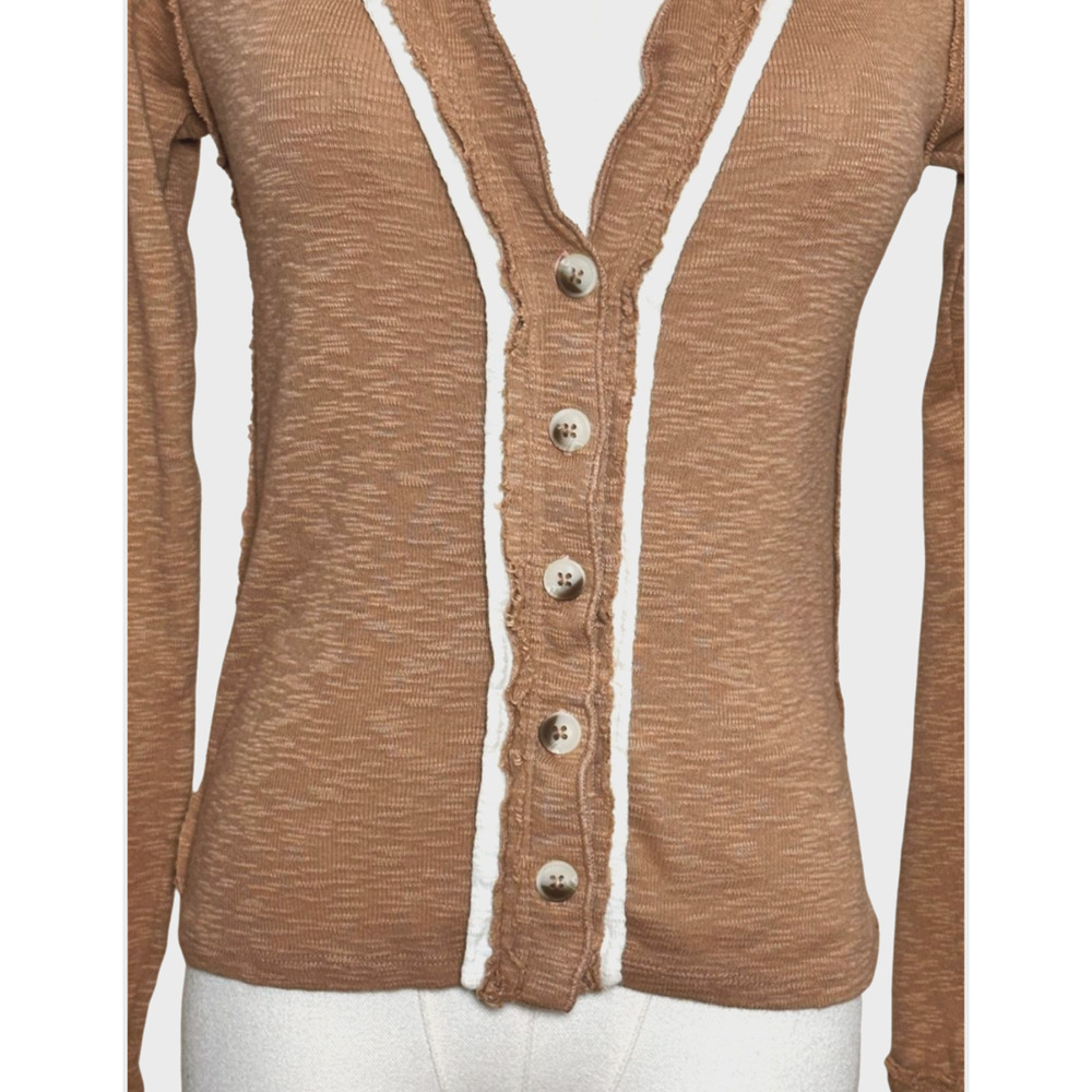 Free People Tan Brown Button-Up Ruffle Trim Cardigan - Picture 2 of 8